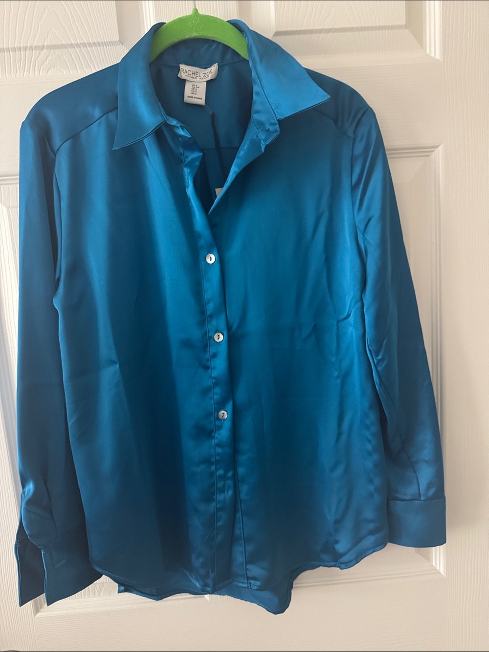 Rachel Zoe Teal Satin Long-Sleeve Button-Up Shirt